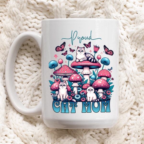 Cat Mom Garden Mug Retro Mushroom Coffee Cup Gift for Kitten Mama Cat Tree Tower Floral Nature Lover Tumbler Siamese Cottagecore Flower Cup