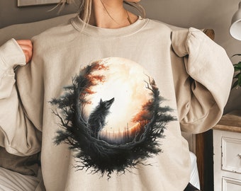 Solar Eclipse 2024 Wolf Crewneck Sweatshirt, Lunar Eclipse Sweater, Celestial Design Tee, Science Gift, Family Matching, Cute Moon Pullover