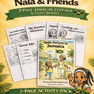 Op de afbeelding: Een kleurrijk activiteitenpakket getiteld "Stories for Nala & Friends" met een Jamaicaans thema. De bundel bevat een 7-pagina's tellend activiteitenpakket met kleurplaten en verhalen. De omslag toont illustraties van Nala en haar moeder in Jamaica.