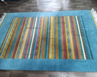 Blue Gabbeh Wool Area Rug Border Rug 9x12 Rug Living Room Bedroom Rug 5x8 6x9 7x10 8x10 9x12 10x14 12x15 Hall Rug Custom Rug Runner