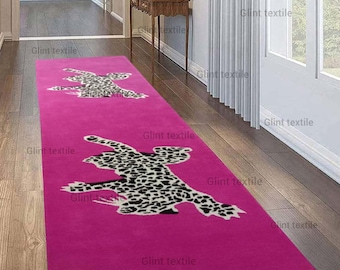Pink Leopard Stairs Runner Rug | Wool Rug | Table Hallway Rug | 2.6x10 2.6x12 2.6x20 2.6x25 Rug | Handmade | 2x8 2x12 2x15 2x20 Runner rug