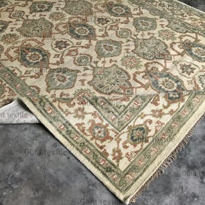 12x15 Vintage Oushak Rug | Hand Knott Wool Area Rug | Oriental Turkish Carpet | Beige Green Rustic Floor Rug | Traditional Medallion Design