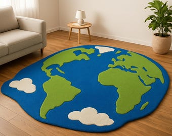 May include: A round blue rug with green continents and white cloud accents. The rug is shaped like a map of the world and is placed on a wooden floor. A sofa and a potted plant are in the background.