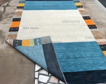 Modern Blue Striped Gabbeh Rug With Colorful Tribal Block Border | Hand-Woven | 6x9ft, 8x10ft