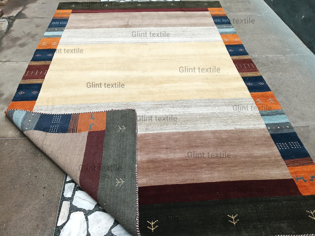 Striped Gabbeh Rug With Wide Multi-color Block Border | Handmade Tribal ...
