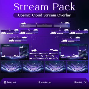 May include: A purple and blue cosmic cloud stream overlay pack with a variety of animated elements, including a new follower, new subscriber, new donation, new cheer, and stream is offline screens. The pack also includes a chat screen, a starting soon screen, and a be right back screen.