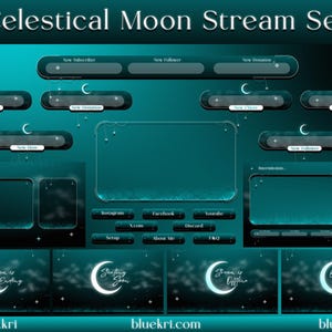 May include: A set of teal and white Twitch stream overlays featuring a celestial moon theme. The overlays include a title card, a new subscriber alert, a new follower alert, a new donation alert, a chat box, a screen capture, a starting soon screen, a streaming offline screen, and a be right back screen.