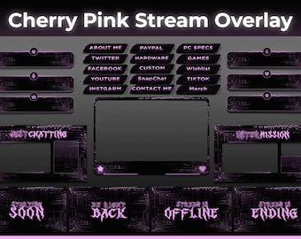 May include: A black and pink stream overlay with a variety of buttons and panels. The overlay includes sections for "About Me", "Paypal", "PC Specs", "Twitter", "Hardware", "Games", "Facebook", "Custom", "Wishlist", "Youtube", "Snapchat", "TikTok", "Instgarm", "Contact Me", and "Merch". There are also sections for "Now Chatting", "Stream is Soon", "Be Right Back", "Stream is Offline", and "Stream is Ending".