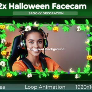 Puede incluir: Una superposición de cámara web de Halloween animada, verde y brillante, con calabazas, calaveras y enredaderas. La superposición está diseñada para usar con una cámara web o un chat de video. El texto "Transparent Background" es visible en la imagen.