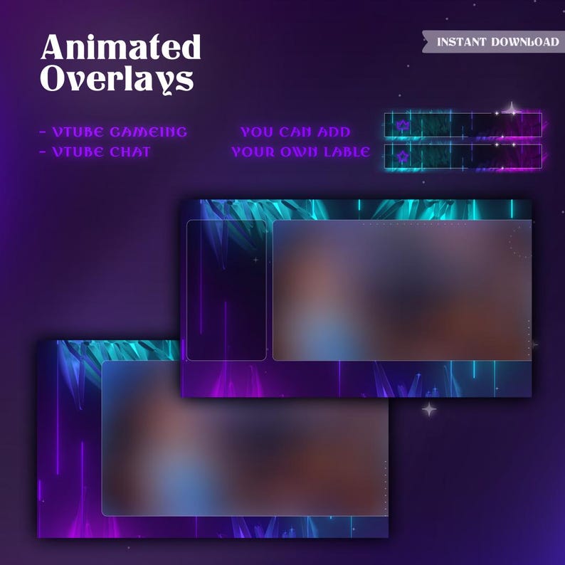 Neon Crystal Vtuber Overlay Animated | Purple Twitch Stream Package for ...