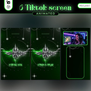 Può includere: Design di schermate TikTok animate in verde e argento. I design includono una sovrapposizione di streaming live con un giocatore e due schermate con il testo "Starting Soon" e "Stream is Offline". Il testo in alto recita "6 TikTok screen ANIMATED".