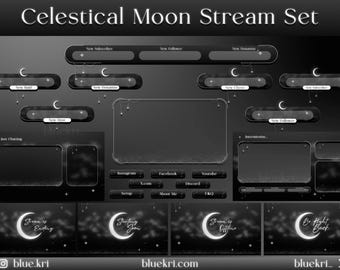 May include: A set of black and white Twitch stream overlays with a celestial moon theme. The overlays include a new subscriber, new follower, new donation, new cheer, just chatting, starting soon, stream is ending, be right back, and a social media panel.