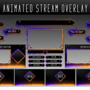 Puede incluir: Plantilla de superposición de transmisión animada con fondo negro y acentos naranja y morado. La plantilla incluye varios elementos como "Nuevo ataque", "Nuevo aplauso", "Nueva donación", "Solo charlando", "Nuevo anfitrión", "Nuevo seguidor", "Nuevo suscriptor", "Intermisión", "Próximamente", "Finalizando", "Atrás" y "Fuera de línea".