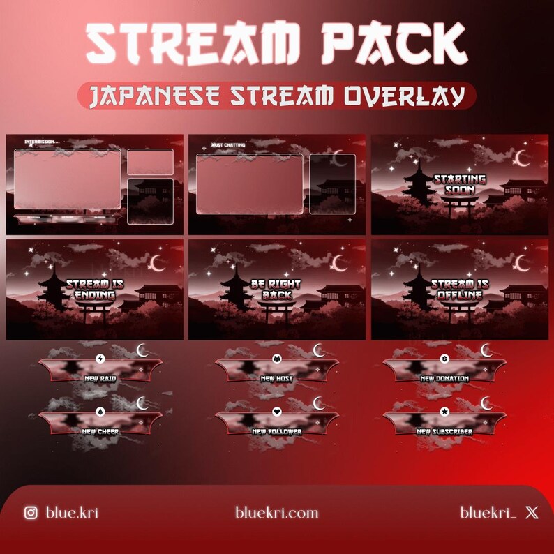 Japanese Red Themed Stream Overlay Pack | Moon Animated Stream Package ...