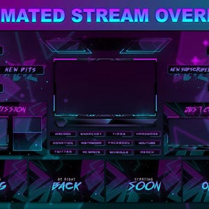 Overlay di flusso animato vibrante / Pacchetto di overlay di flusso blu / Pacchetto di overlay di Twitch / overlay di flusso animato a tema neon