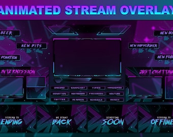 Animated Stream Overlay Package, Twitch Overlay Bundle, Neon Purple Blue OBS Overlay, Gaming Stream Overlay, Streamer Gift, Instant Download