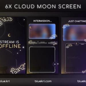 May include: A set of six Twitch stream overlays featuring a cloud and moon theme. The overlays include a 'Stream is Offline' screen, an 'Intermission' screen, and a 'Just Chatting' screen. The overlays are designed in a dark blue and purple color scheme with yellow accents.
