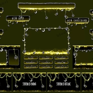 May include: A set of Twitch stream overlays with a Halloween theme. The overlays are black with yellow accents and feature a crescent moon and ghost design. The overlays include a new raid, new donation, new subscriber, new cheer, new follower, be right back, stream is ending, stream is offline, and starting soon.