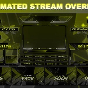 May include: Animated stream overlay template with a yellow and black color scheme. The template includes sections for a live stream, chat, donations, new followers, and more.