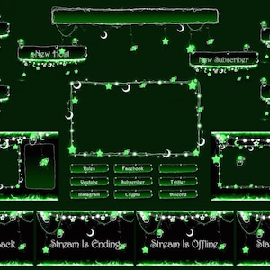 Twitch Overlays, Animated Black Green Twitch Pack, Christmas Stream Pack, Twitch Overlay Christmas, Decor Light, Moon, Santa, Glowing