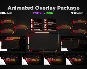 Puede incluir: Paquete de superposiciones animadas para Twitch y Kick con fondo negro y acentos naranja y rojo. El paquete incluye una variedad de superposiciones animadas para diferentes eventos, como nuevas donaciones, nuevos seguidores, nuevos suscriptores, nuevos anfitriones, incursiones, vítores e intermisiones. El paquete también incluye un conjunto de pantallas animadas para el inicio, el final y la desconexión de la transmisión.