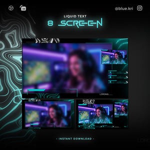 May include: A digital streaming overlay package featuring a dark theme with cyan liquid-style topographic patterns. The design includes frames for video feeds, a loading bar, and the text "LIQUID TEXT 8 SCREEN" in a stylized cyan font.