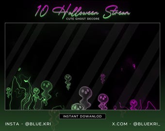 Może przedstawiać: Cyfrowa nakładka na stream Halloween z czarnym tłem i neonowymi zielonymi i fioletowymi dekoracjami duchów. Tekst "10 Halloween Stream" znajduje się na górze, a pod nim "Cute Ghost Decore". Uchwyty mediów społecznościowych są wymienione na dole.