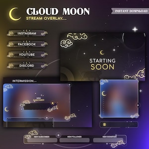 Cloud Moon Stream Overlay Package | TikTok stream Overlay Package | Vtubers Overlay | Panel | Transition | Alert | Magical | Cloud Gold