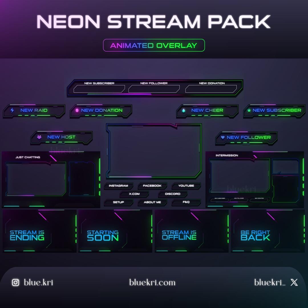 Neon Cyberpunk Animated Stream Overlay Pack | Twitch OBS Streamlabs ...
