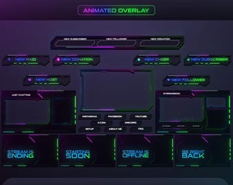 Neon Cyberpunk Animated Twitch Stream Overlay Pack | Futuristic Animated Overlay with Vibrant | Twitch Stream Overlay Package