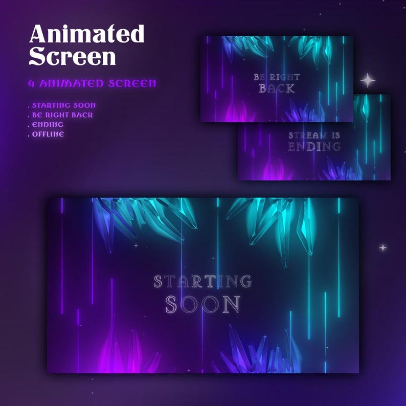 Neon Crystal Vtuber Overlay Animated | Purple Twitch Stream Package for ...