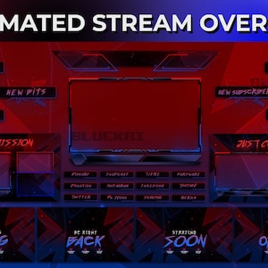 Animated Red Stream Overlay package | Futuristic Red & Blue Themed Twitch, YouTube, and Facebook Gaming Twitch Overlay