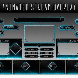 Turquoise Fire Stream Package for TWITCH - YOUTUBE - Overlays Stream Animated DARK Star style twitch Package | Fire Twitch Animated Overlay