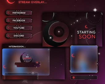 Dark Moon Gothic Twitch Overlay Animated | Red Celestial VTuber Stream Package for OBS, Kick & TikTok | Midnight Screens Alerts Panels