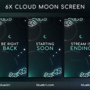 Puede incluir: Seis pantallas animadas con un diseño de nube y luna. Las pantallas muestran el texto "Be Right Back", "Starting Soon" y "Stream is Ending".