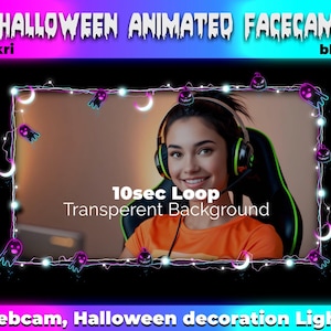 May include: A Halloween animated facecam overlay with a 10-second loop and transparent background. The overlay features a glowing string of lights with animated ghosts and crescent moons. The text "10sec Loop Transparent Background" is displayed in the center of the overlay. The text "Webcam, Halloween decoration Lights" is displayed at the bottom of the overlay.