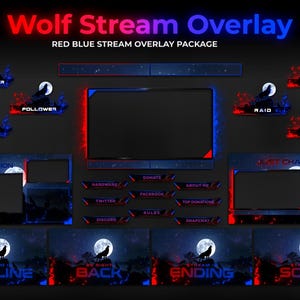 Wolf-Themed Stream Overlay Package | Red And Blue wolf Overlay Package | Lunar Wolf Stream Overlay Moon Wolf Stream Package