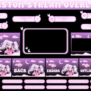 Può includere: Sovrapposizione di streaming personalizzata viola e bianca con un personaggio dei cartoni animati con lunghi capelli bianchi e un abito rosa. La sovrapposizione include una casella di chat, inizio a breve, ritorno a breve, lo streaming sta terminando, lo streaming è offline, regole, iscriviti, specifiche, linktree, twitter, informazioni su di noi, youtube, instagram, facebook, snapchat, discord e pulsanti di donazione.