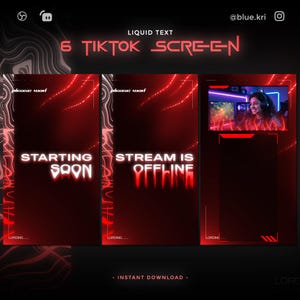 May include: A set of three digital streaming screens for TikTok featuring a dark red background with liquid-style text. The screens display the phrases STARTING SOON, STREAM IS OFFLINE, and a camera frame with a person gaming in the corner.