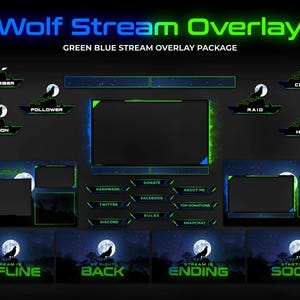 Lunar Wolf Stream Overlay: Green and Blue Twitch Overlay Pack, wolf stream overlay, twitch alerts, stream edit, twitch transition, wolf pack