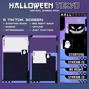 May include: A vertical screen pack with a Halloween theme. The design features a gradient of purple and blue with the text "HALLOWEEN TOKYO". Includes screens for "Starting Soon", "Ending", "Offline", and "Just Chatting". Ghost and pumpkin graphics are included.