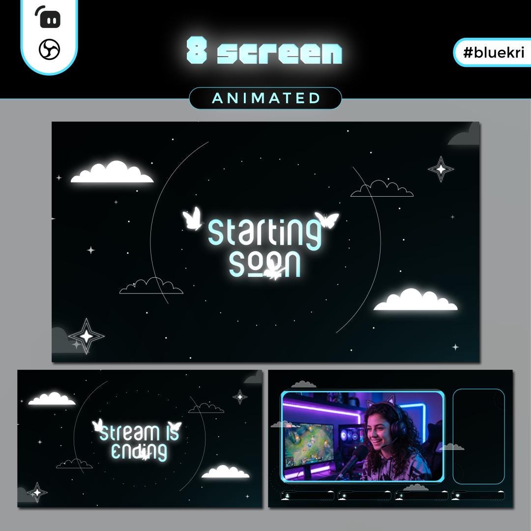 8 Screen Animated Twitch Overlay Pack | Minimal Dark Monochrome Stream ...