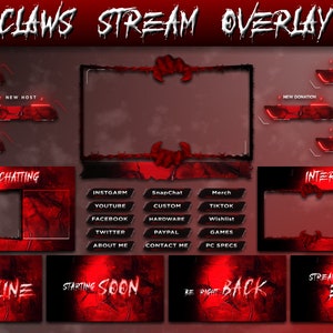 Claws Animated Twitch Overlay, Red Stream Package, Twitch Alerts, Scene Transition,  Alerts, Screens, Webcam, Transition, Labels