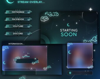 Cloud Moon Aesthetic TikTok Stream Overlay |  Mystic Moon Gaming Overlay - Lunar Glow Stream Setup, TikTok |Twitch Stream Overlay Package