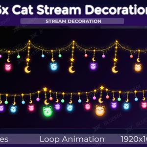 May include: Animated cat-themed stream decoration with a string of lights featuring colorful cat faces and crescent moons. The decoration is 1920x1080 pixels and comes in 6 files.