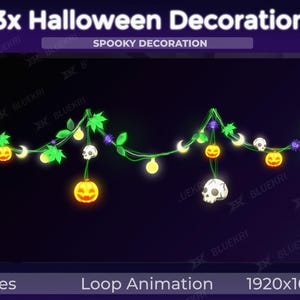 May include: A Halloween decoration with a string of lights, skulls, and pumpkins. The lights are green and yellow, and the skulls and pumpkins are white and orange. The text "3x Halloween Decoration" and "Spooky Decoration" is at the top of the image. The text "3 Files", "Loop Animation", and "1920x1080" is at the bottom of the image.