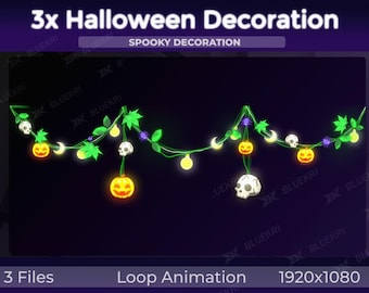 3x Halloween Spooky Decoration Lights | Animated Pumpkin & Skull Garland, Bat, Autumn, Ghost, Spooky, moon, Pumpkin | VTuber Streaming Asset