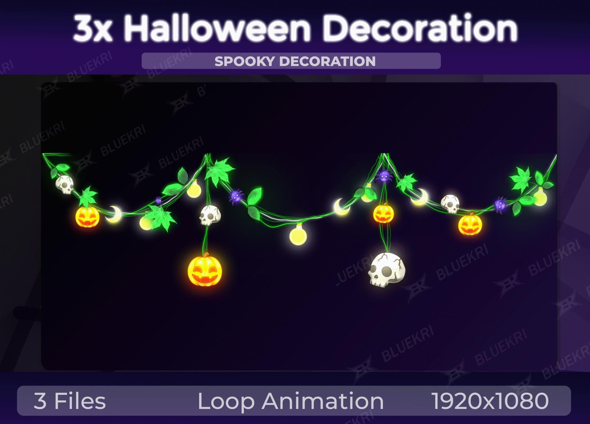 3x Halloween Spooky Decoration Lights | Animated Pumpkin & Skull Garland, Bat, Autumn, Ghost, Spooky, moon, Pumpkin | VTuber Streaming Asset
