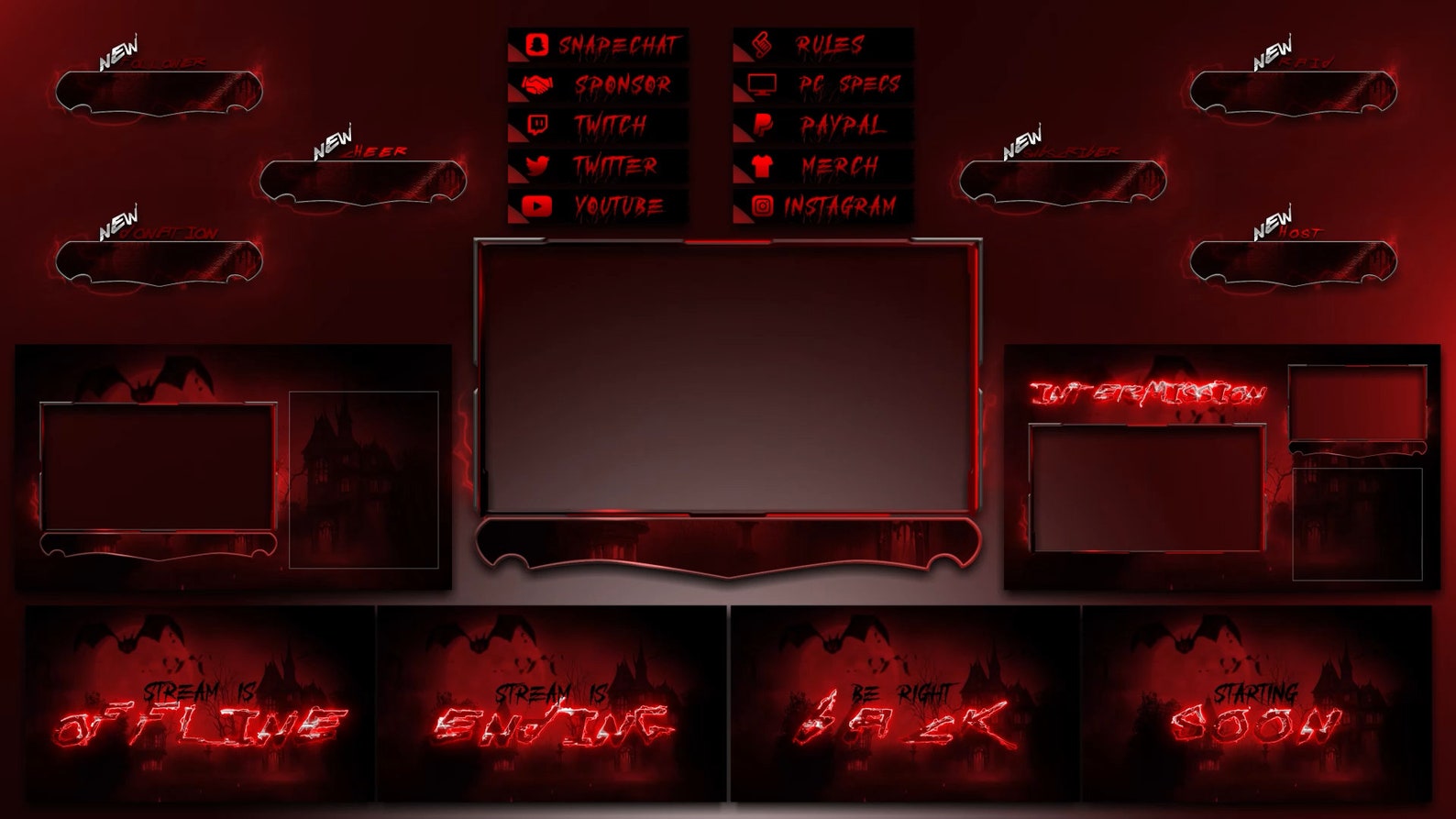 Horror Bat Animated Red Stream Overlay Pack | Gothic Twitch Overlay ...