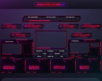 Neon-animiertes Stream-Overlay-Paket, Cyberpunk-Twitch- und TikTok-Bildschirme
